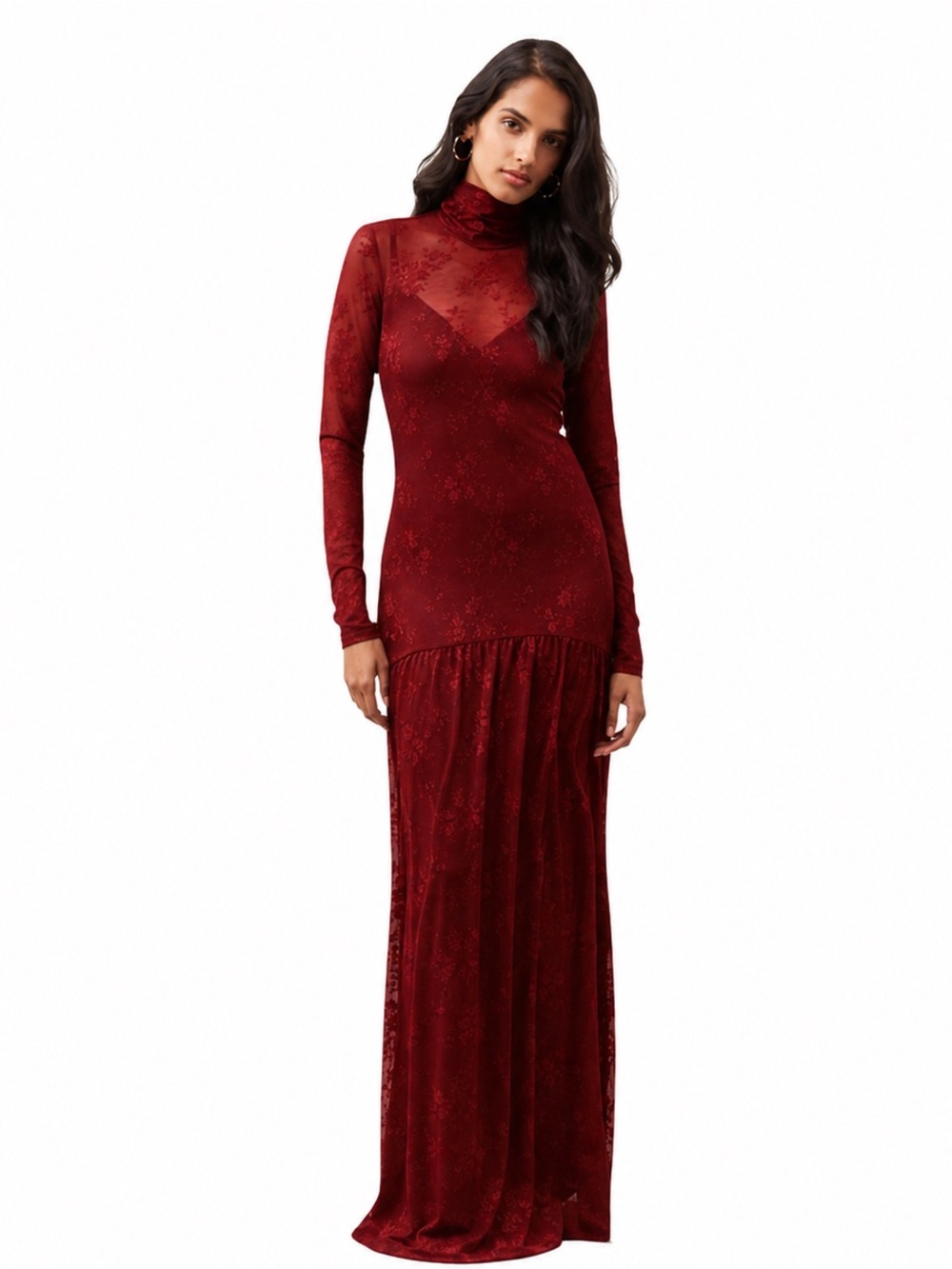 AFRM Amala High-Neck Long-Sleeve Stretch Lace Maxi Dress